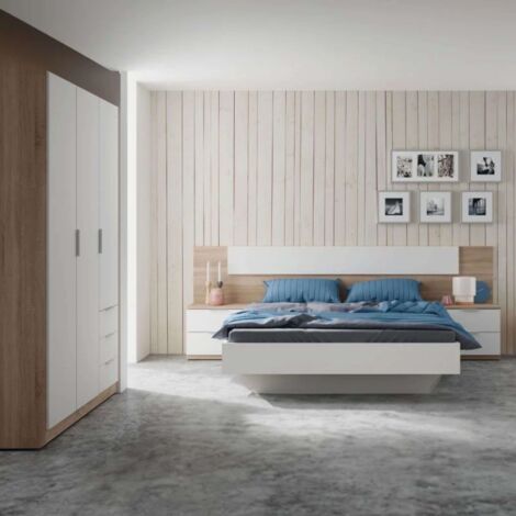 Conjunto de Muebles Dormitorio Matrimonio Estilo Nórdico para Camas de 150  cm (Cabezal+2 mesitas+Armario)