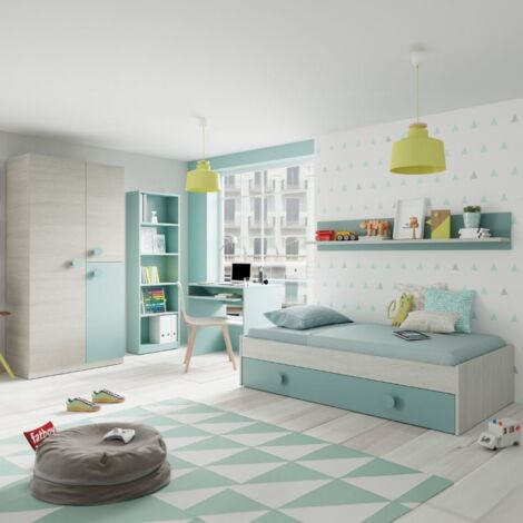 Pack Muebles habitación Juvenil Snuba Dormitorio Completo Verde y Blanco  Moderno (un somier Incluido)