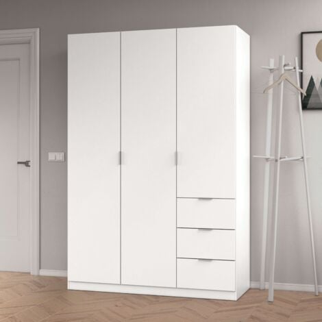 Armario Ropero Habitación Dormitorio Grande con 3 Puertas y 3 Cajones Color Blanco Mate 200x135x52 cm