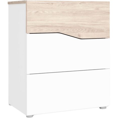 Mesita de Noche 3 cajones, Mesilla Noche Cannes Cajonera Blanco Mate y Sahara 54x65x35 cm (1/5)