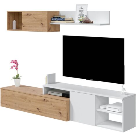 Mueble de salón reversible color roble nodi y blanco artik 220 cm estilo nórdico (doble montaje)