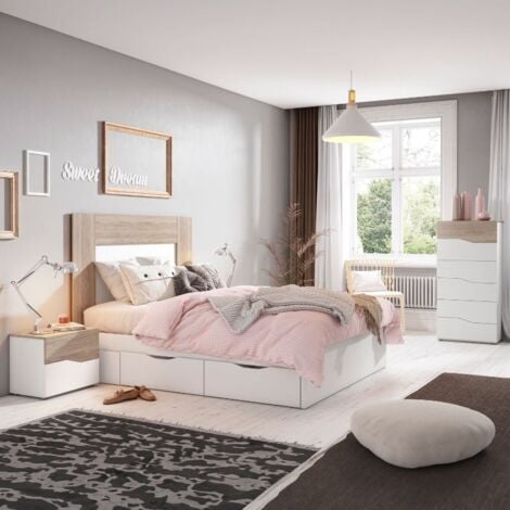 Habitación Matrimonio Completo Dormitorio Color Blanco Mate y sahara Moderno (cabecero + 2 mesitas + cómoda)