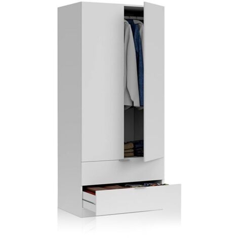 Armario ropero 2 puertas abatibles 2 cajones color blanco mate dormitorio habitación juvenil mueble 180x82x52 cm