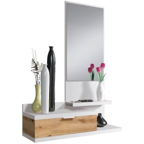 Recibidor Dahlia 1 caj�n 1 espejo color roble y blanco entrada pasillo mueble 116x81x29 cm