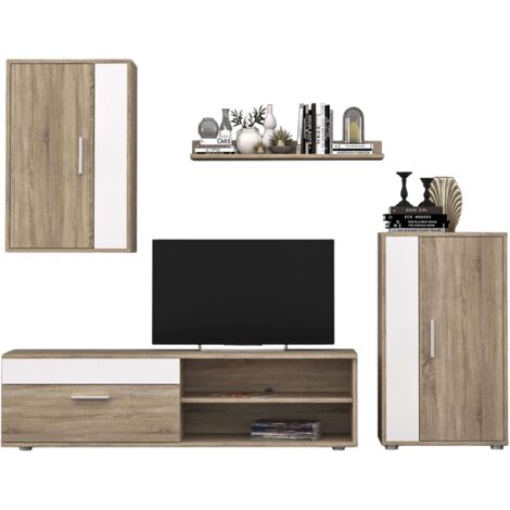 Muebles de Salón Comedor Estilo Nórdico: Módulo TV, 2 Armarios, Estante, Color Blanco y Roble Sonoma