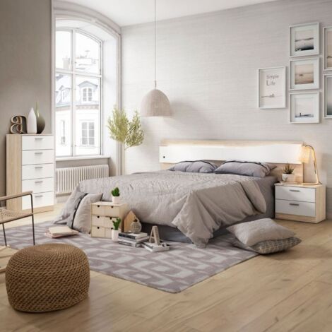 Pack Dormitorio Color Sahara y Blanco Estilo Moderno para Camas de 150 cm ( cabecero + 2