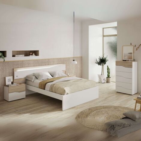 Pack Dormitorio Matrimonio Asimetric con cabecero, 2 mesitas de noche y cómoda (mesita con 3 cajones)