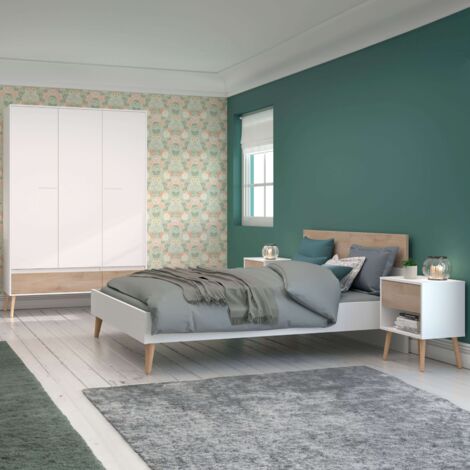 Pack Dormitorio Osaka Color Roble Japonés Cama (135-140x190 cm), 2 mesitas y Armario Roble Japonés y Blanco Mate