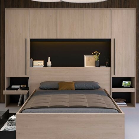 Cabecero De Matrimonio Demeyere Con Almacenaje - Roble Y Negro, Para Camas De 135 A 150 Cm