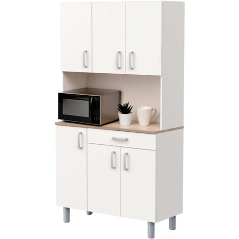 Mueble Auxiliar Cocina, Armario Cocina, Alacena Cocina Buffet 6 Puertas Blanco y Roble Kronberg 101x185 cm