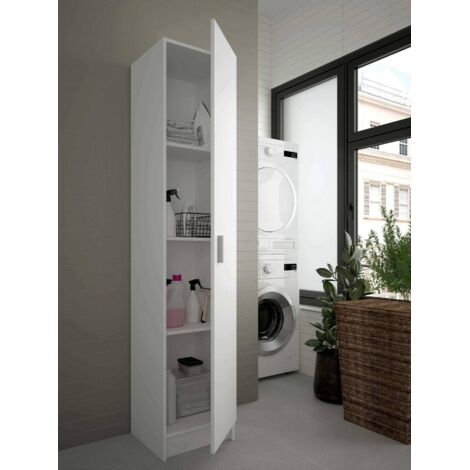 Armario auxiliar para Baño multiuso con una Puerta abatible con empuñadura metálica en color Blanco Mate 38x180x38 cm