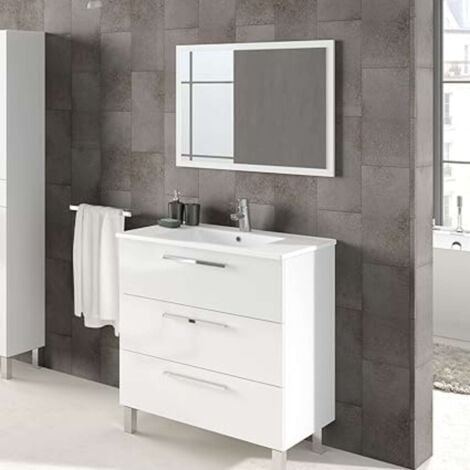 Mueble de Baño Taria Estilo Contemporáneo en Color Blanco Brillo con Espejo y 3 Cajones 80x86x45 cm (Lavabo Cerámico)