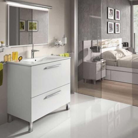 Mueble de baño con espejo y lavabo de cerámico incluidos Naida 80x45 cm color blanco brillo