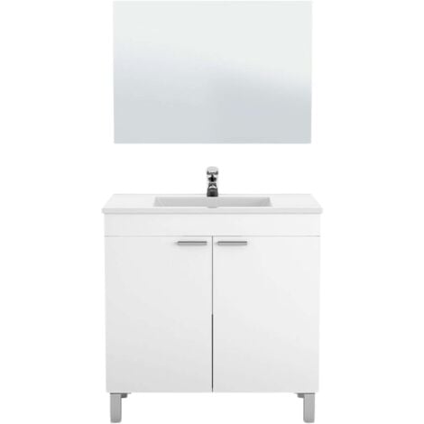 Mueble de Baño Manila Estilo Contemporáneo en Color Blanco con Espejo, 2 Puertas y Patas 80x80x45 cm (Sin Lavabo)