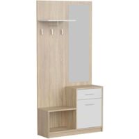 Mueble Recibidor con Espejo Sett 1 Cajon 1 Puerta 1 Estante 1 Hueco Abierto Color Blanco y Roble Cambrian 90 cm
