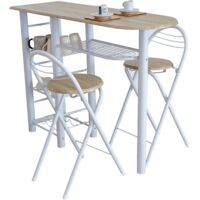 Mesa Alta de Cocina Office Estilo Nórdico en Blanco y Madera Clara con 2 Taburetes Plegables 40x88x120 cm