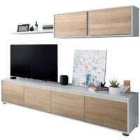 Conjunto para Salón con mueble TV, módulo superior y estante en color Roble Canadian y Blanco Mate 200cm