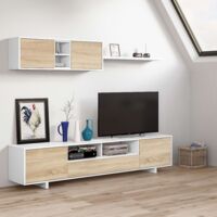 Mueble salón comedor modular diseño nórdico color blanco y roble 200x41 cm