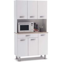 Mueble Auxiliar Cocina, Armario Cocina, Alacena Cocina Buffet 6 Puertas Blanco y Roble Acacia 101x185 cm