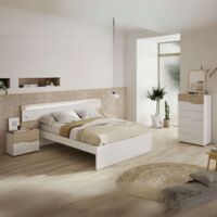 Pack Dormitorio Matrimonio Asimetric con cabecero, 2 mesitas de noche y cómoda (mesita con 2 cajones)