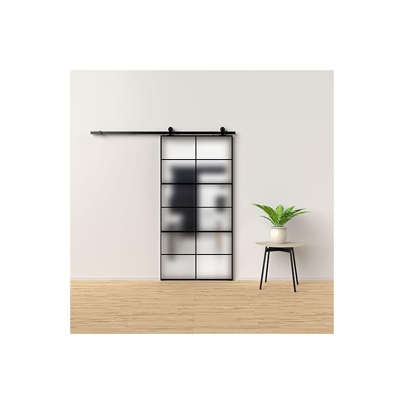 PORTA SCORREVOLE NERA IN KD C/VETRO SATINATO CON STAMPA SERIGRAFICA A TRE SEZIONI E CORNICE IN ALLUMINIO NERO  96X220 h cm