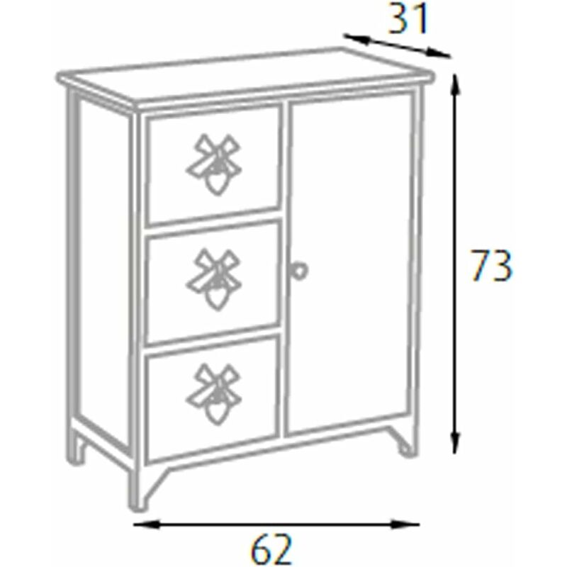 King Home Cassettiera In Legno Di Paulownia 62x31x73h cm 3 Cass. C/Cuore +  Anta White Washed