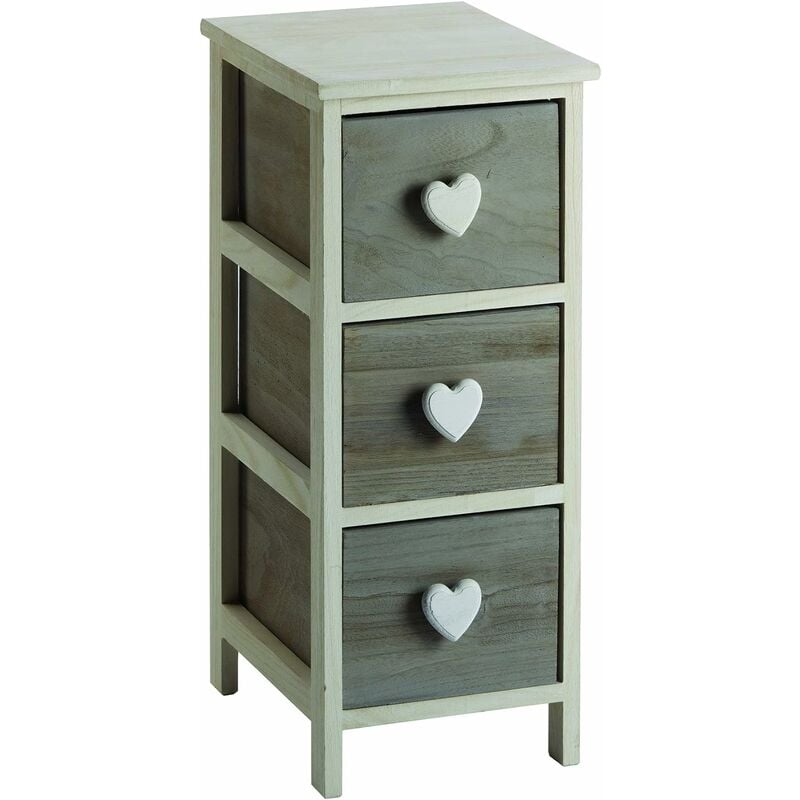 King Home Cassettiera In Legno di Paulownia 26x32x63h cm 3 Cass.C/Cuore  bianca/grigia