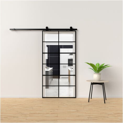 PORTA SCORREVOLE NERA IN KD C/VETRO TRASPARENTE CON STAMPA SERIGRAFICA A TRE SEZIONI E CORNICE IN ALLUMINIO NERO 96X220 h cm