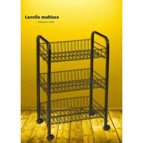 King Home CARRELLO MULTIUSO NERO in metallo a 3 ripiani con 4 ruote  40x26x62h cm