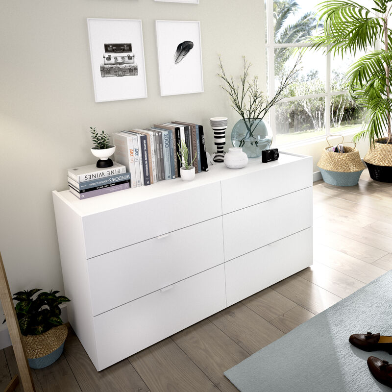Cómoda blanca con estantes, cómoda de 6 cajones para dormitorio, cómoda de  madera y metal, cómoda doble de 6 cajones