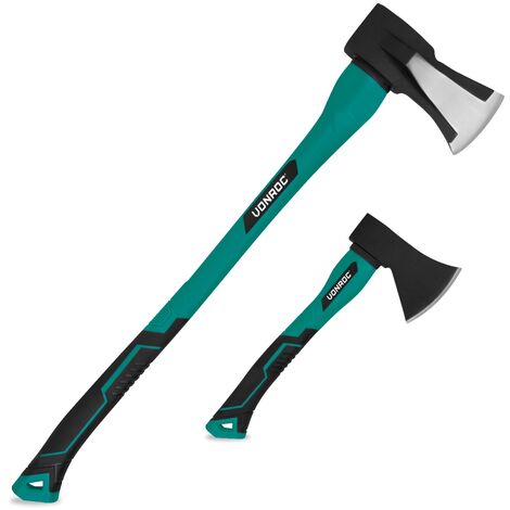 VONROC Set aus Spaltaxt und Handaxt – Kopf aus gehärtetem Stahl – glasfaserverstärkter Griff – 79cm – 3900g/35cm – 950g