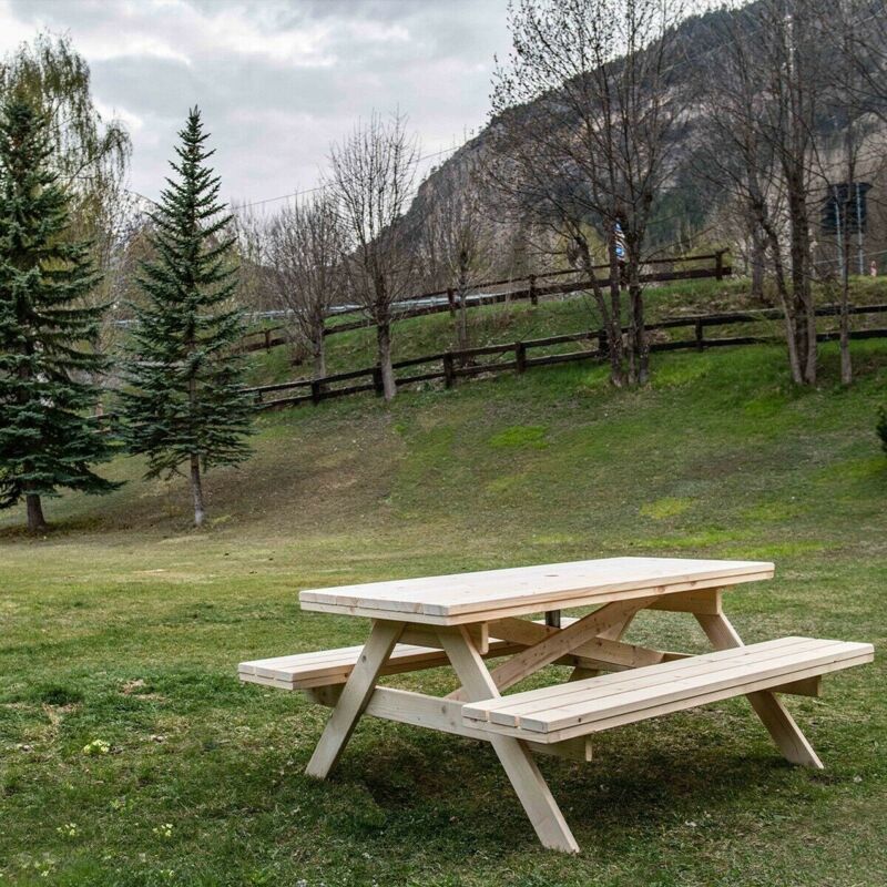 Tavolo da giardino in legno di abete con panche 8 + 2 posti mod montblanc  finitura: grezzo non verniciato