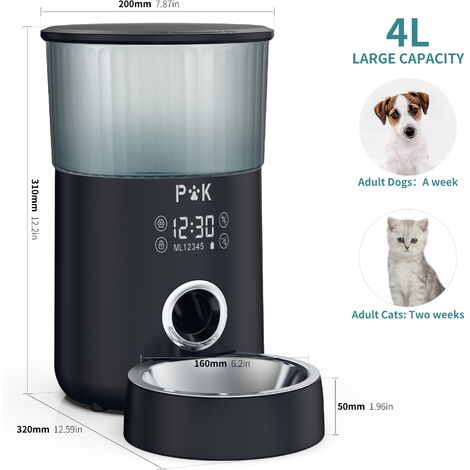 P K Lcd Distributeur De Croquettes 4l Pour Chats Et Chiens Noir Distributeur Automatique De Nourriture Adaptateur