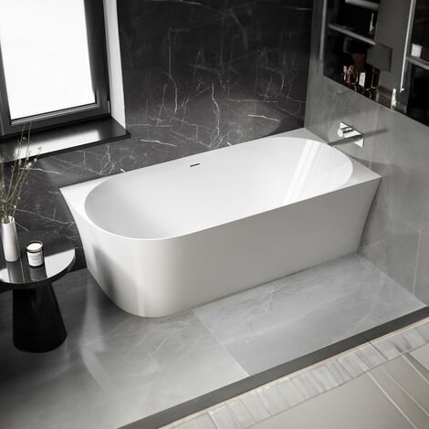 Bernstein – Baignoire d'angle semi-ilot acrylique 170x78x60cm blanc brillant – Double paroi – Écoulement central avec fonction pop-up – Installation au sol - LINE 170 X