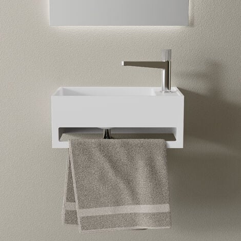 BERNSTEIN - Lavabo mural PB2077 en pierre solide (fonte minérale) - 50 x 30 x 20 cm - blanc mat - avec porte-serviettes intégré