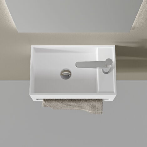 BERNSTEIN - Lavabo mural PB2077 en pierre solide (fonte minérale) - 50 x 30 x 20 cm - blanc mat - avec porte-serviettes intégré