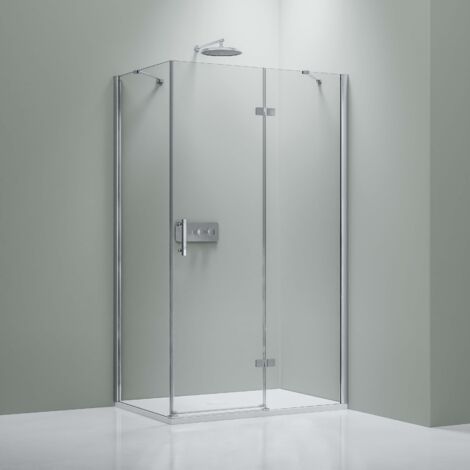 Bernstein – Cabine de douche d'angle en verre trempé ESG 8mm – Paroi 2 portes battantes – Profilé chrome – Dimensions 90x90cm – Mécanisme de levage intégré - DX403