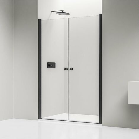 Bernstein – Paroi de douche en verre 6mm – Cabine de douche niche 2 portes battantes – Noir mat – Largeur 76-120 cm – Verre de sécurité ESG – Revêtement NANO