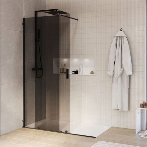 Bernstein – Paroi de douche noire mat 8mm – Verre de sécurité gris – Porte coulissante – Largeur 150 cm – Installation flexible pour accès PMR - NT101 (1/5)