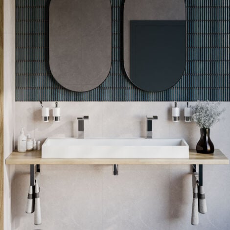 BERNSTEIN - Vasque suspendue Blanc mat 120x46x15cm (LxPxH) Lavabo mural / évier à poser, 2 trous pré-percé robinetterie, Drain central - BS6001