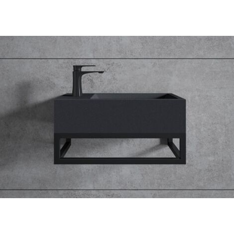 BERNSTEIN - Vasque murale suspendue design 44x22x10cm en fonte minérale - Avec bonde et cache, Rangement gauche, Quartz noir, Avec Console (1/5)