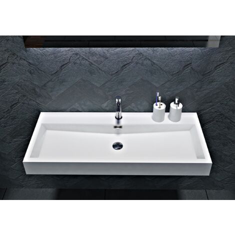 BERNSTEIN - Lavabo mural / lavabo à poser en marbre coulé BS6002 -blanc- 100x42x10cm - avec trou prépercé