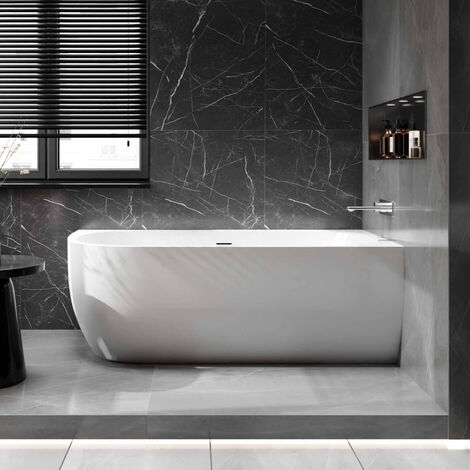 Bernstein – Baignoire d'angle semi-îlot acrylique blanche 170x75x60cm – Écoulement central – Double paroi pour isolation thermique – Vidange pop-up incluse