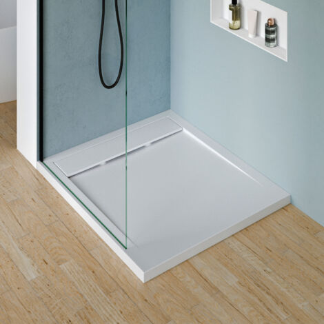 Bernstein – Receveur de douche à poser en fonte minérale 100x90cm – Bac antidérapant blanc mat – Pente d'écoulement rapide – Système d'évacuation Dallmer Orio