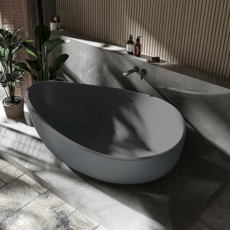 Bernstein – Baignoire îlot en fonte minérale gris mat – Dimensions 180x110x62cm – Capacité 325L – Trop-plein discret inclus
