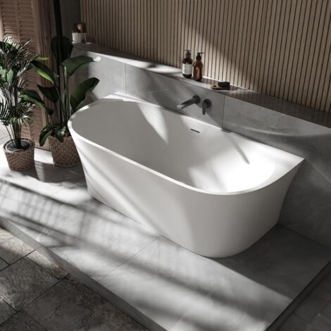BERNSTEIN - Baignoire semi-îlot droite acrylique 170x80x58cm Blanc mat + Bonde et trop plein - NOVA Blanc mat