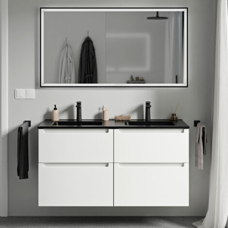 BERNSTEIN - Meuble de salle de bain suspendu bois laqué, meuble vasque noire 4 tiroirs soft-close - Garantie 5 ans - 64x121x47cm - VIREO -Blanc mat (1/5)