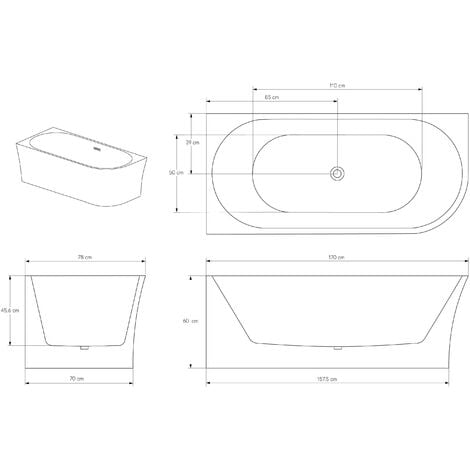 BERNSTEIN - Baignoire d'angle design acrylique pour salle de bain, isolation thermique - montage gauche - Blanc - 170x78x60cm - NOVA CORNER - Options au choix Sans robinet mitigeur, Sans siphon