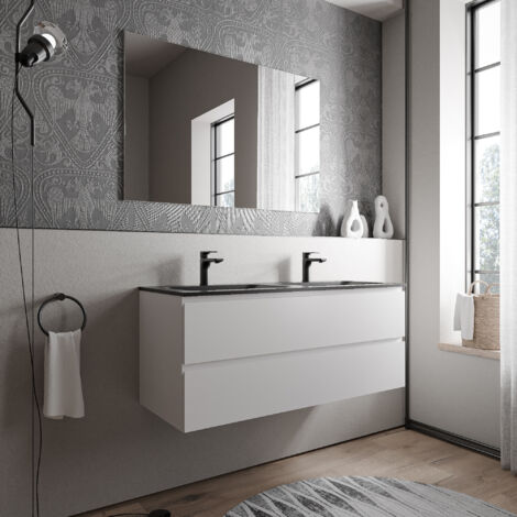 BERNSTEIN - Grand meuble vasque de salle de bain MDF Blanc mat avec lavabo fonte minérale Noir mat - 120x45,6x50cm - AVA CREAM - Blanc mat, Noir mat avec trou pour robinetterie