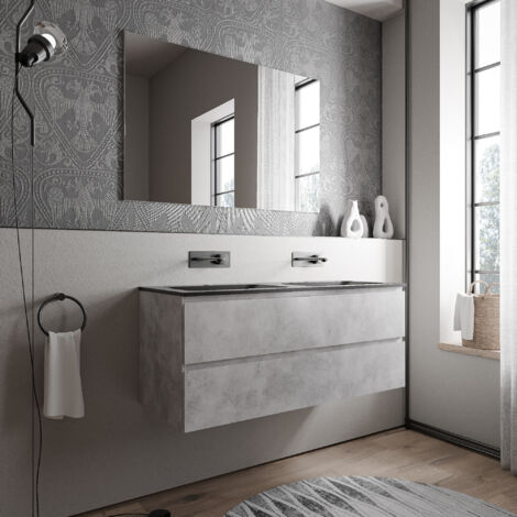 BERNSTEIN - Grand meuble vasque de salle de bain MDF aspect béton avec lavabo fonte minérale Noir mat - 120x45,6x50cm - AVA CREAM - Béton, Noir mat sans trou pour robinetterie